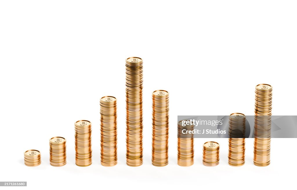 Volatile growth graph make of bitcoins with upward trend