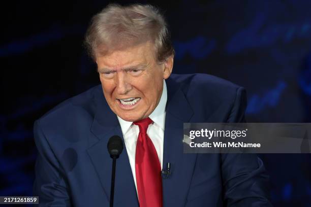 Republican presidential nominee, former U.S. President Donald Trump, debates Democratic presidential nominee, U.S. Vice President Kamala Harris, for...