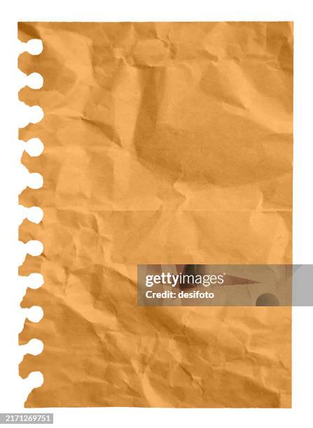 vertical empty blank rough textured beige light brown khaki coloured plain monochrome crumpled wrinkled rough uneven texture spiral notepad paper sheet vector background with torn holes from punch copy space - crumpled note stock illustrations