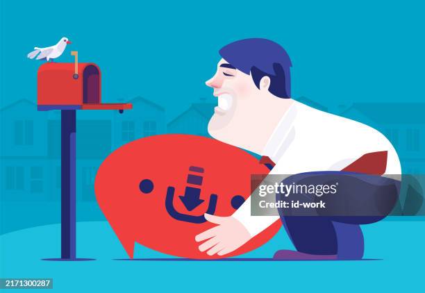 usinessman carrying big speech bubble beside mailbox - holding chat bubble stock illustrations
