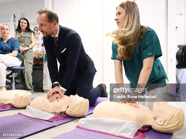 Crown Prince Haakon meets students on a pre-medical studies course during a visit to Gausdal Secondary School on September 11, 2024 in Storen, Norway.