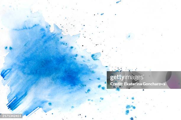 blue watercolor splash with scattered drops. vibrant abstract art with bold pink hues and white background. copy space on the left. - watercolor painting stock pictures, royalty-free photos & images
