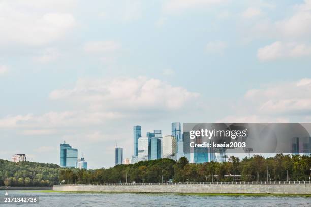 Moscow, Russia - AUGUST 28, 2024: Towers of business district Moscow City, Moscow, Russia. Modern architecture, abstract background. View from the bank of the Moscow River.