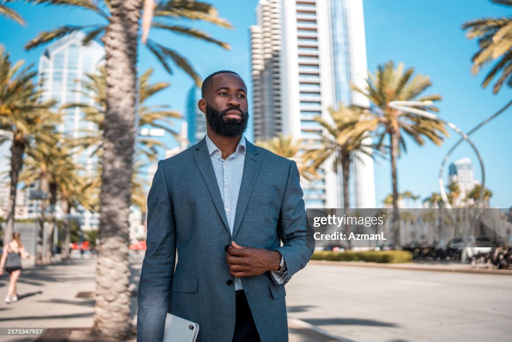 Focused Black Businessman in Downtown San Diego