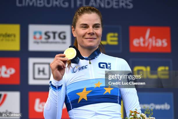Gold medalist Lotte Kopecky of Team Belgium celebrates at podium after the 30th UEC Road Cycling European Championships 2024, Women's Elite...
