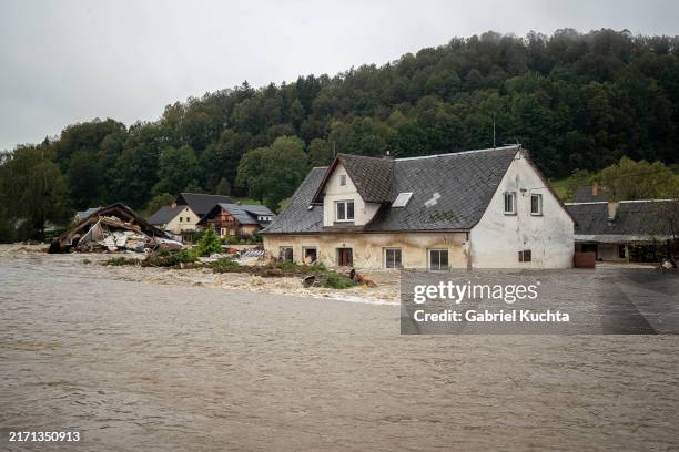 Flooded street on September 15, 2024 in Jesenik Czech Republic.There have been extreme weather and flood warnings as heavy rainfall sweeps the Czech...