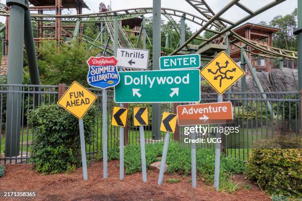 Road sign display for the Summer Celebration in the Dollywood amusement park in Pigeon Forge, TN.