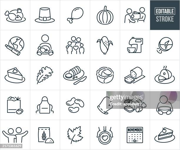 ilustraciones, imágenes clip art, dibujos animados e iconos de stock de iconos de línea fina de las vacaciones de acción de gracias - trazo editable - plato principal