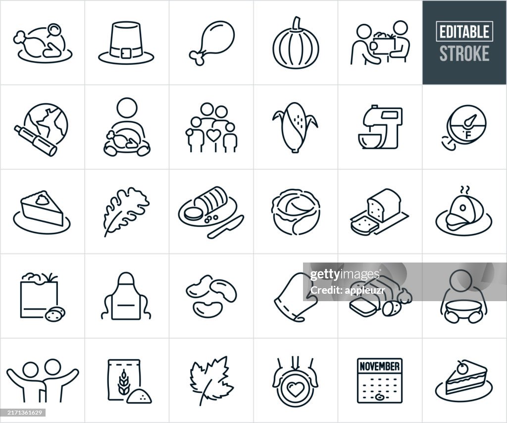 Thanksgiving Holiday Thin Line Icons - Editable Stroke