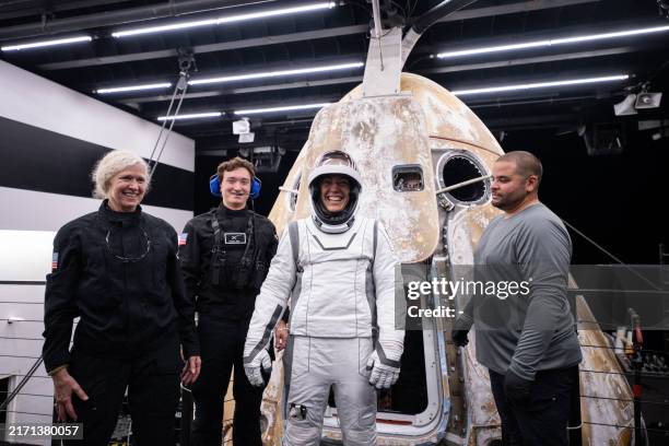 This handout photo provided by SpaceX and Polaris on September 15, 2024 shows Anna Menon, mission specialist and medical officer, stepping out of the...