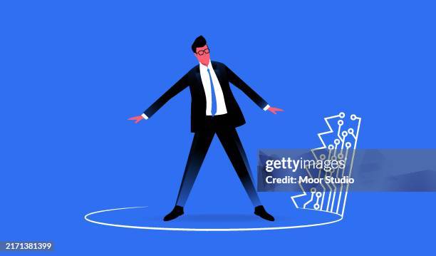 businessman and digital saw vector illustration - hand saw stock illustrations
