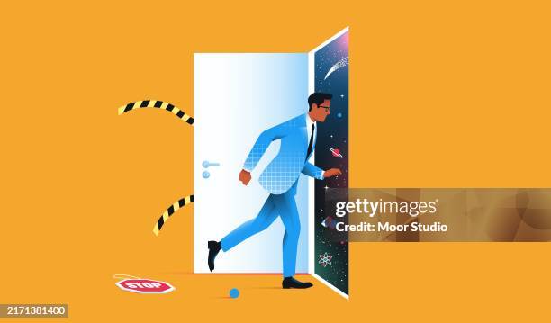 wissenschaftler und seltsame tür vektorillustration - auf etwas treten stock-grafiken, -clipart, -cartoons und -symbole