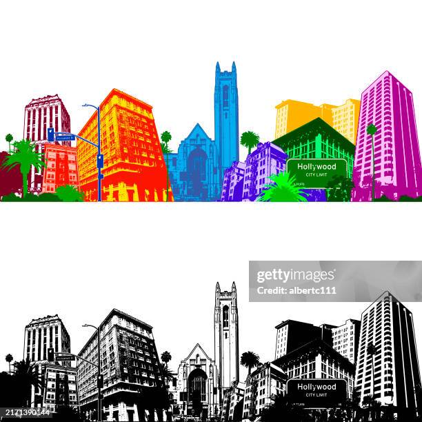 stylized hollywood california cityscape - city of los angeles stock illustrations