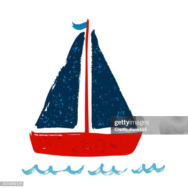 stockillustraties, clipart, cartoons en iconen met cute textured sailboat isolated on a transparent background - watervaartuig