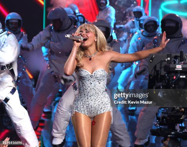 Sabrina Carpenter performs on stage during the 2024 MTV Video Music Awards at UBS Arena on September 11, 2024 in Elmont, New York.