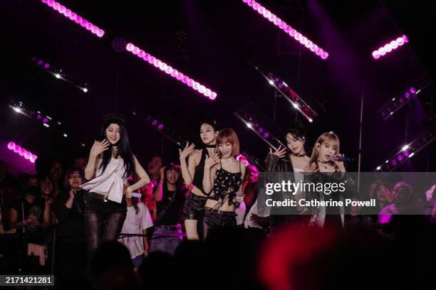 Huh Yun-jin, Kazuha, Kim Chae-won, Hong Eun-chae and Sakura Miyawaki of Le Sserafim perform on stage during the 2024 MTV Video Music Awards at UBS...