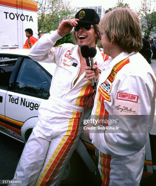 Composer and Actor Paul Williams interviews Musician and Singer Ted Nugent during the Toyota Pro-Celebrity Races, March 28, 1983 in Long Beach,...