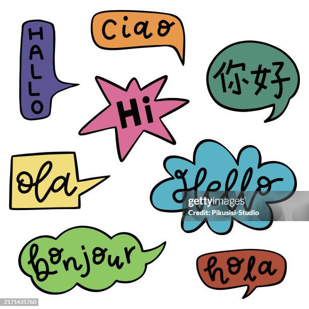 colorful speech bubbles set with hello in different languages - bonjour, hello, hi, hola, ciao, ola - saying hello in different languages stock illustrations