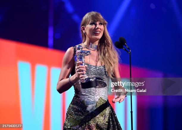 Taylor Swift accepts the the Video of the Year award for "Fortnight" on stage during the 2024 MTV Video Music Awards at UBS Arena on September 11,...