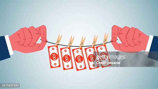 ilustraciones, imágenes clip art, dibujos animados e iconos de stock de blanqueo de dinero, blanqueo de capitales, delitos comerciales o financieros ilegales, evasión fiscal, secado a mano de dinero en una cuerda - blanqueo de dinero
