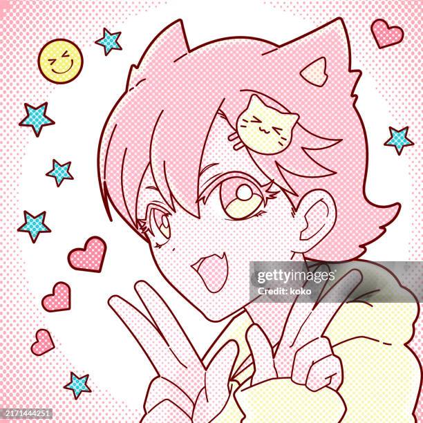 anime style. halftone dots. cute girl. - kawaii stock illustrations