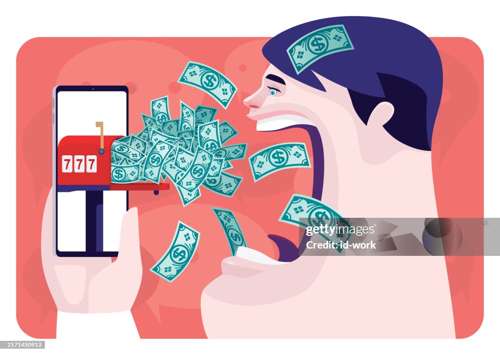 Man surprising while looking at banknotes coming of mailbox on smartphone