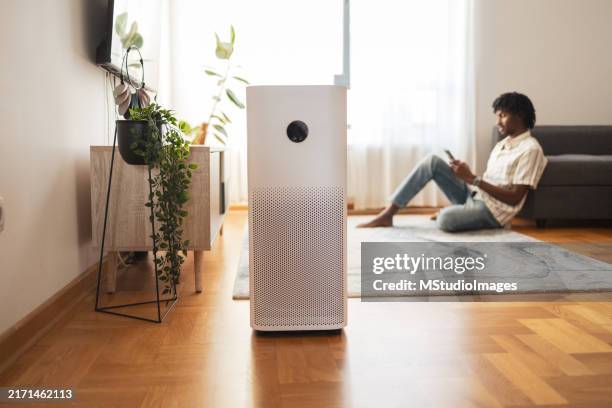 air purifier in modern living room with person relaxing nearby - air purifier stock pictures, royalty-free photos & images