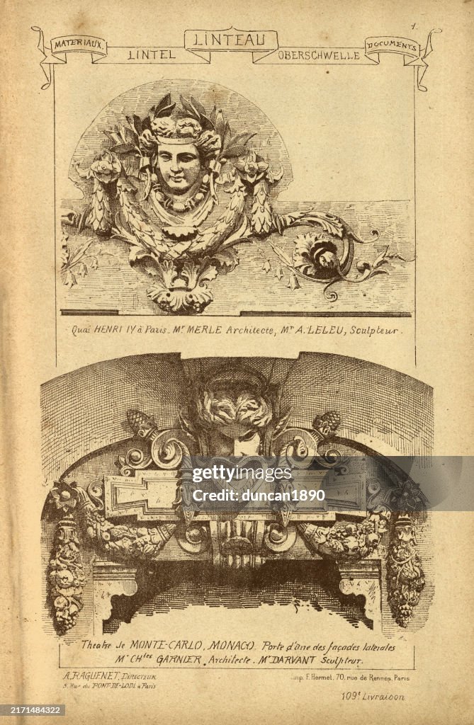 Architectural lintel, Face, Theatre Mask, History of architecture, decoration and design, art, French, Victorian, 19th Century