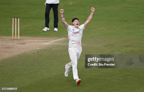 Durham bowler Matthew Potts celebrates after taking the wicket of Lancashire batsman Tom Bailey during day four of the Vitality County Championship...