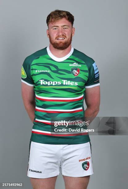 Ollie Chessum of Leicester Tigers poses for a portrait during the squad photocall for the 2024-2025 Gallagher Premiership Rugby season at Mattoli...