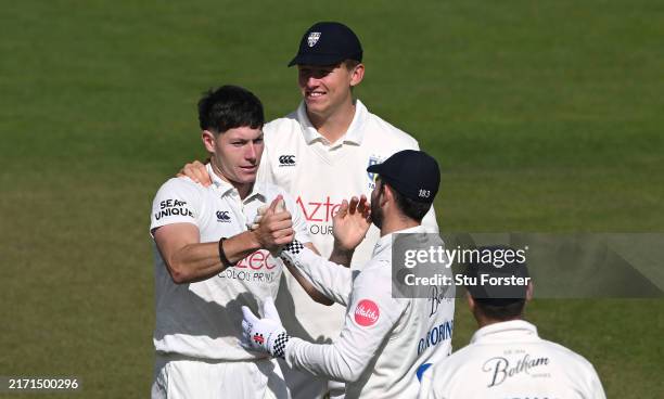 Durham bowler Matthew Potts celebrates with team mates after taking the final wicket of Lancashire batsman Anderson Phillip to finish with 9 wickets...