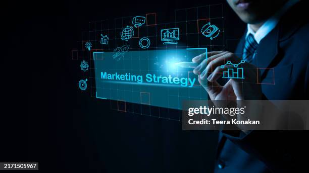 analyzing marketing strategy with graphs for planning, business growth, strategic development, and financial forecasting - digital marketing stock pictures, royalty-free photos & images