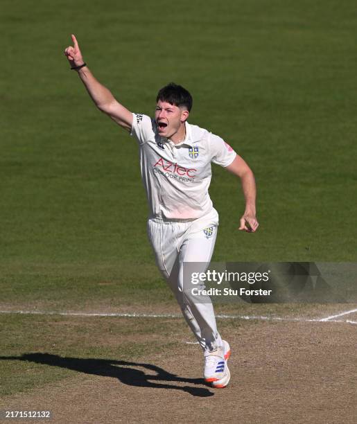 Durham bowler Matthew Potts celebrates after taking the wicket of Lancashire batsman Balderson during day four of the Vitality County Championship...