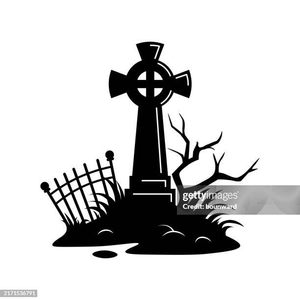 halloween gravestone silhouette - dead tree limb stock illustrations