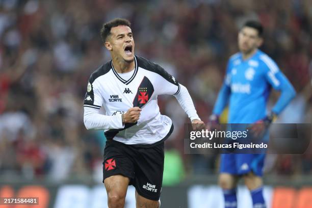 Philippe Coutinho of Vasco celebrates after scoring the team´s first goal during a Brasileirao 2024 match between Flamengo and Vasco at Maracana...