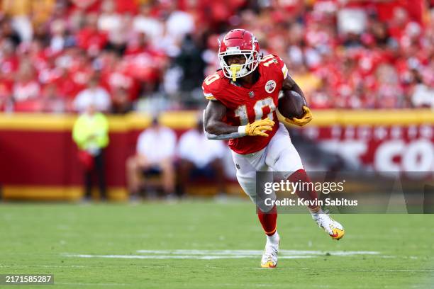Isiah Pacheco of the Kansas City Chiefs carries the ball during the second quarter of an NFL football game against the Cincinnati Bengals at GEHA...