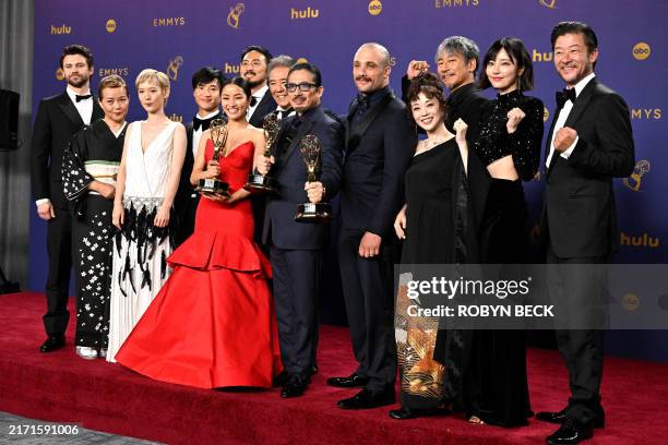 Japanese actor Hiroyuki Sanada , alongside cast and crew, winners of Outstanding Drama Series for "Shogun" pose in the press room during the 76th...