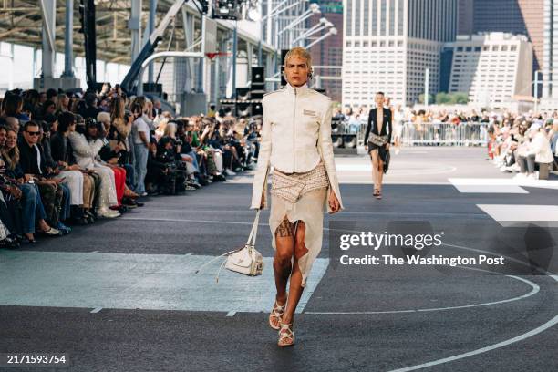 Models present creations from Off-White Spring/Summer 2025 Runway Show at Brooklyn Bridge Park, Pier 2 in New York on Sep 8, 2024.
