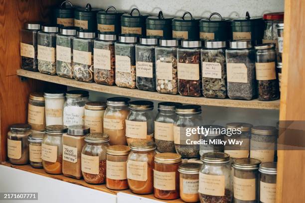 glass jars filled with various spices and herbs neatly displayed on shelves in a zero waste store. - fitoterapia imagens e fotografias de stock
