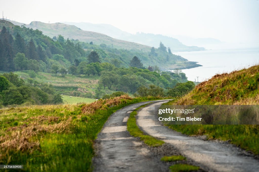 Road on a scenic hill with the sea in the background.
