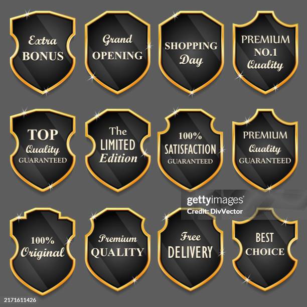 black shield with golden frame label set - award plaque stock illustrations