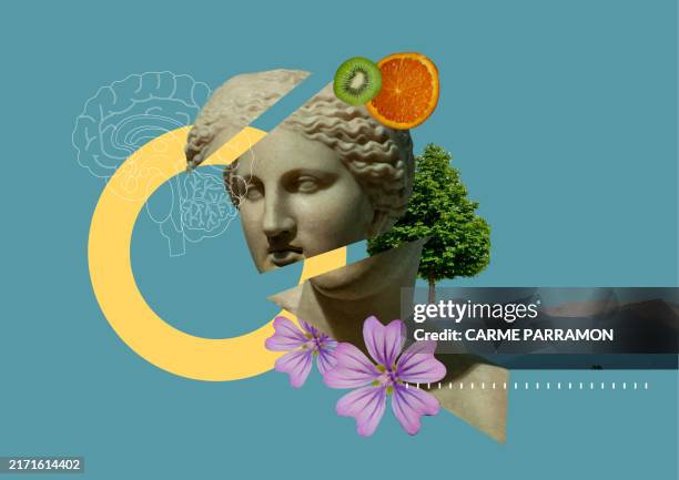 ilustrações de stock, clip art, desenhos animados e ícones de a sculpture, flowers, fruit and tree - imagem manipulada