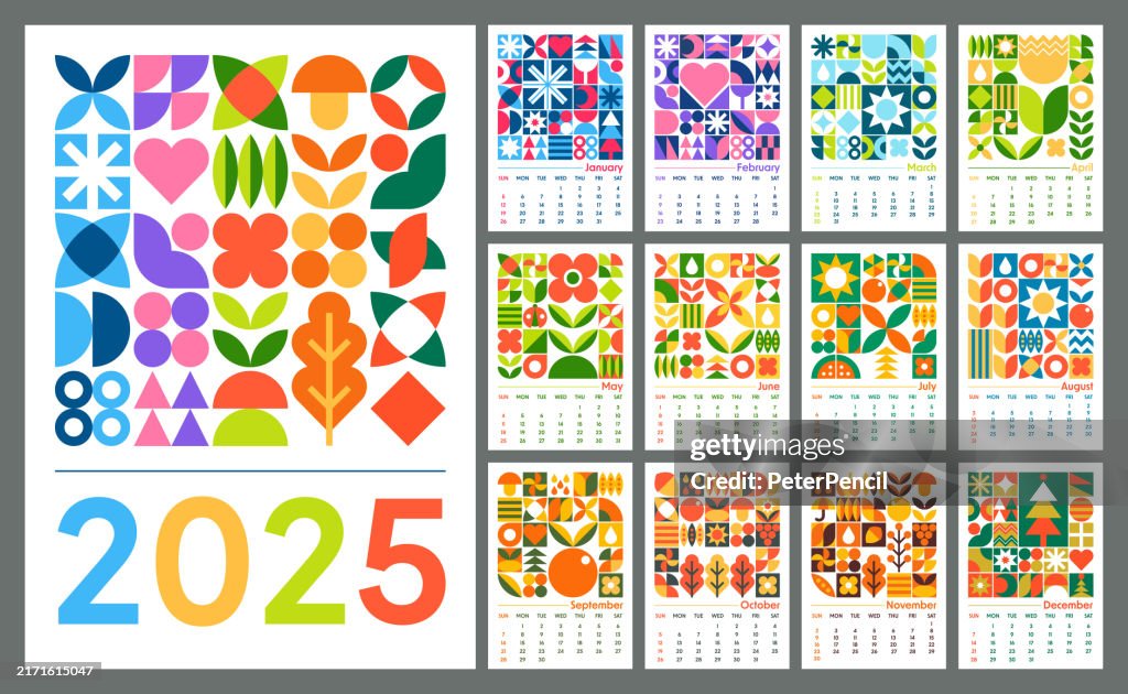 Calendar 2025 Vertical Wall - Abstract Geometric Bauhaus Shape Style Color Calendar for 2025 Year - American Grid - Week Starts on Sunday - Vector Color Art Design