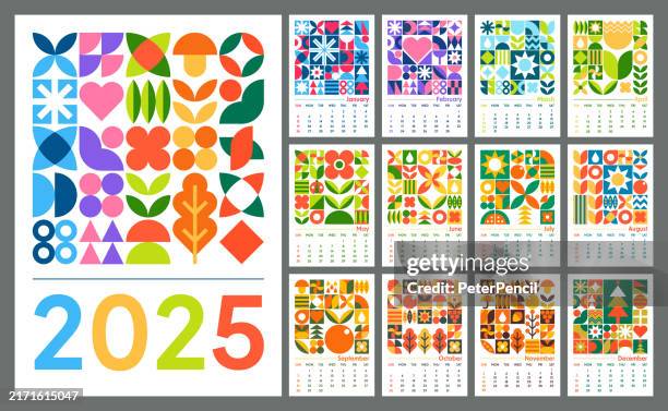 calendar 2025 vertical wall - abstract geometric bauhaus shape style color calendar for 2025 year - american grid - week starts on sunday - vector color art design - triangle calendar stock illustrations