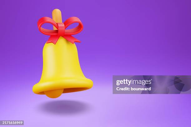 3d chrstmas bell on purple background. vector - present 3d stock illustrations