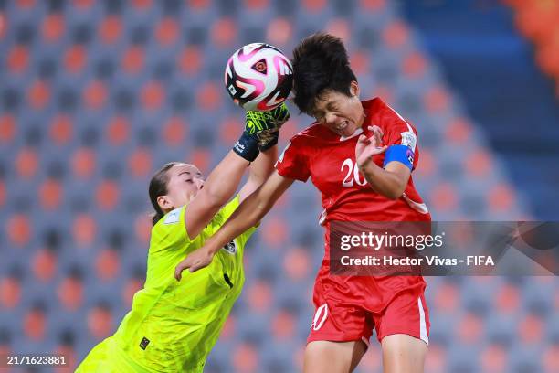 Mariella El Sherif of Austria clashes with Chae Un Yong of Korea DPR during the FIFA U-20 Women's World Cup Colombia 2024 Round of 16 match between...