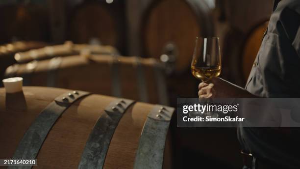 expert winemaker evaluating white wine in cellar - witte wijn stockfoto's en -beelden