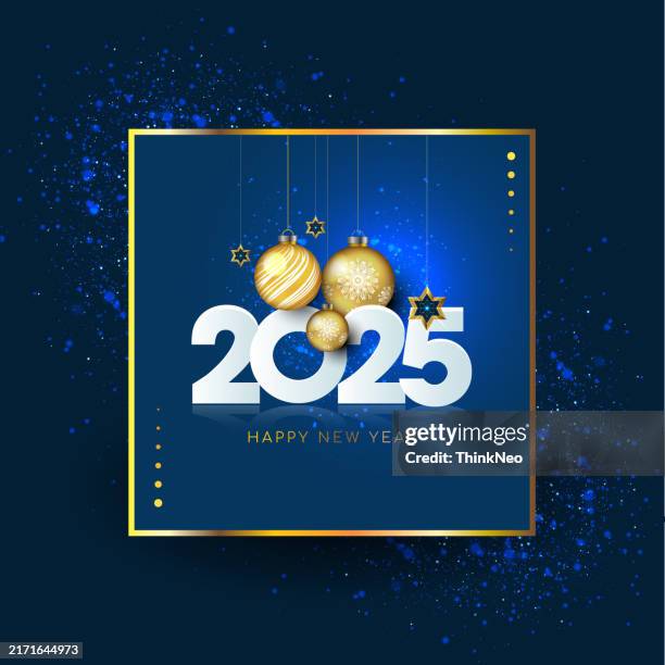 ilustrações de stock, clip art, desenhos animados e ícones de happy new 2025 year. hanging white numbers 2025 with shining snowflake - cartão de ano novo