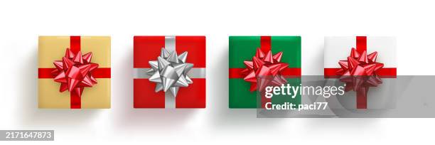 realistic vector colored gift box with red and silver bow top view - present bow stock illustrations