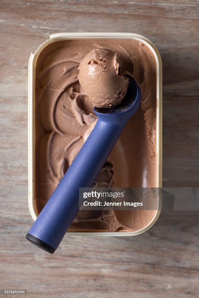 Close up of chocolate ice cream and scoop.